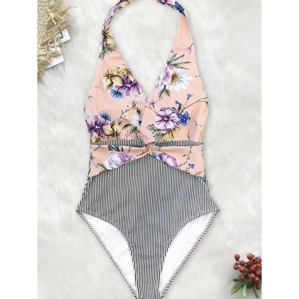 NWOT Cupshe Halter Swimsuit Swim Floral Stripes High Cut Pink Blank Deep V